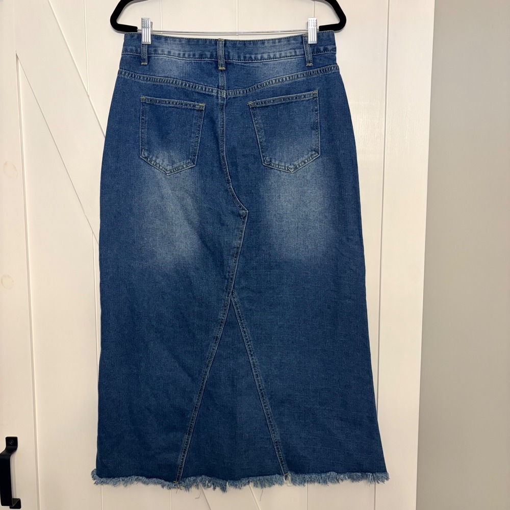 Denim Maxi Skirt Womens Sz L Medium Wash Distressed Raw Hem Long Jean Skirt Boho - Picture 2 of 6